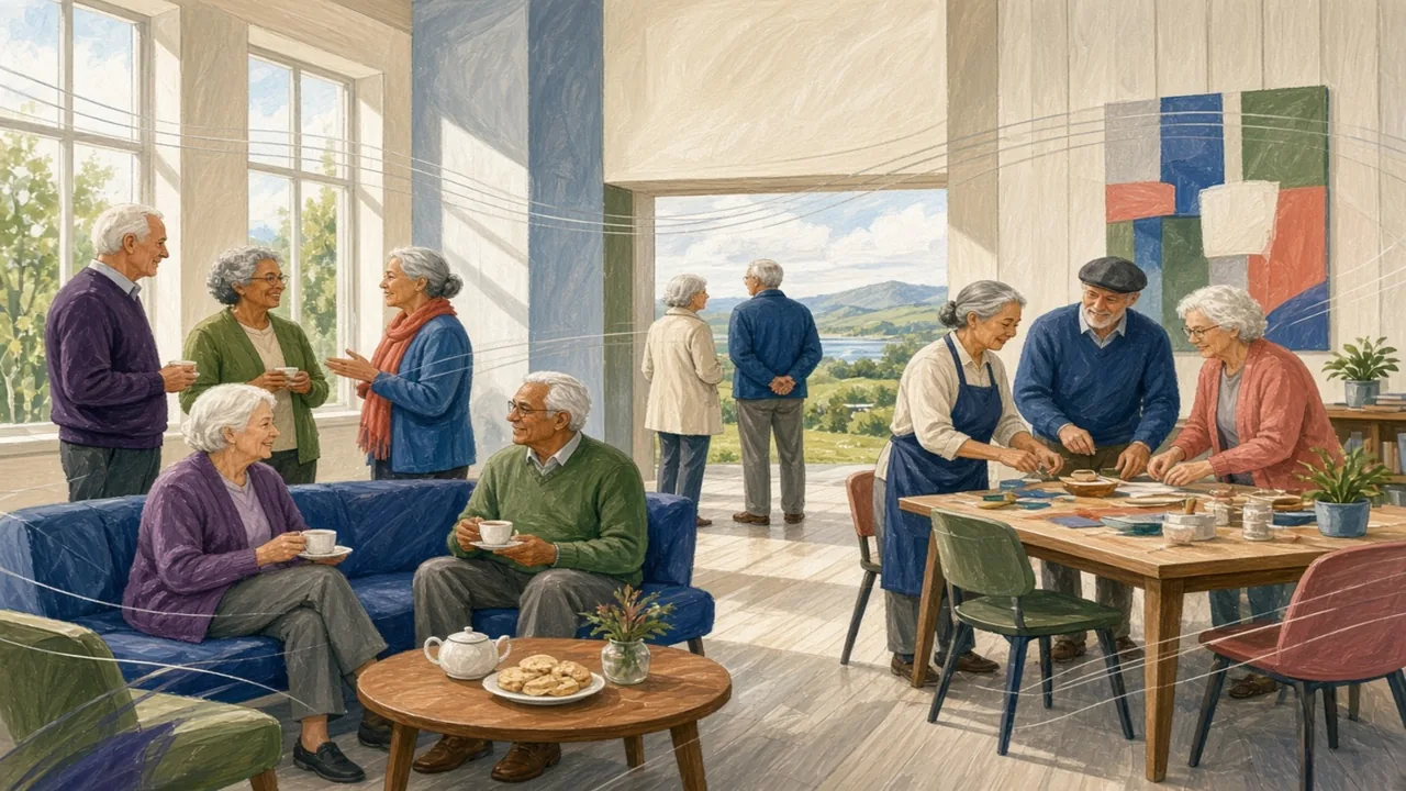 Editorial illustration of older adults talking, making and observing in a bright shared room