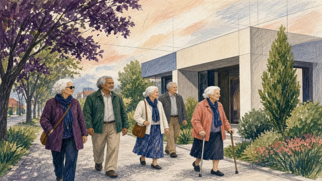 Editorial illustration of adults preparing to approach a welcoming community place