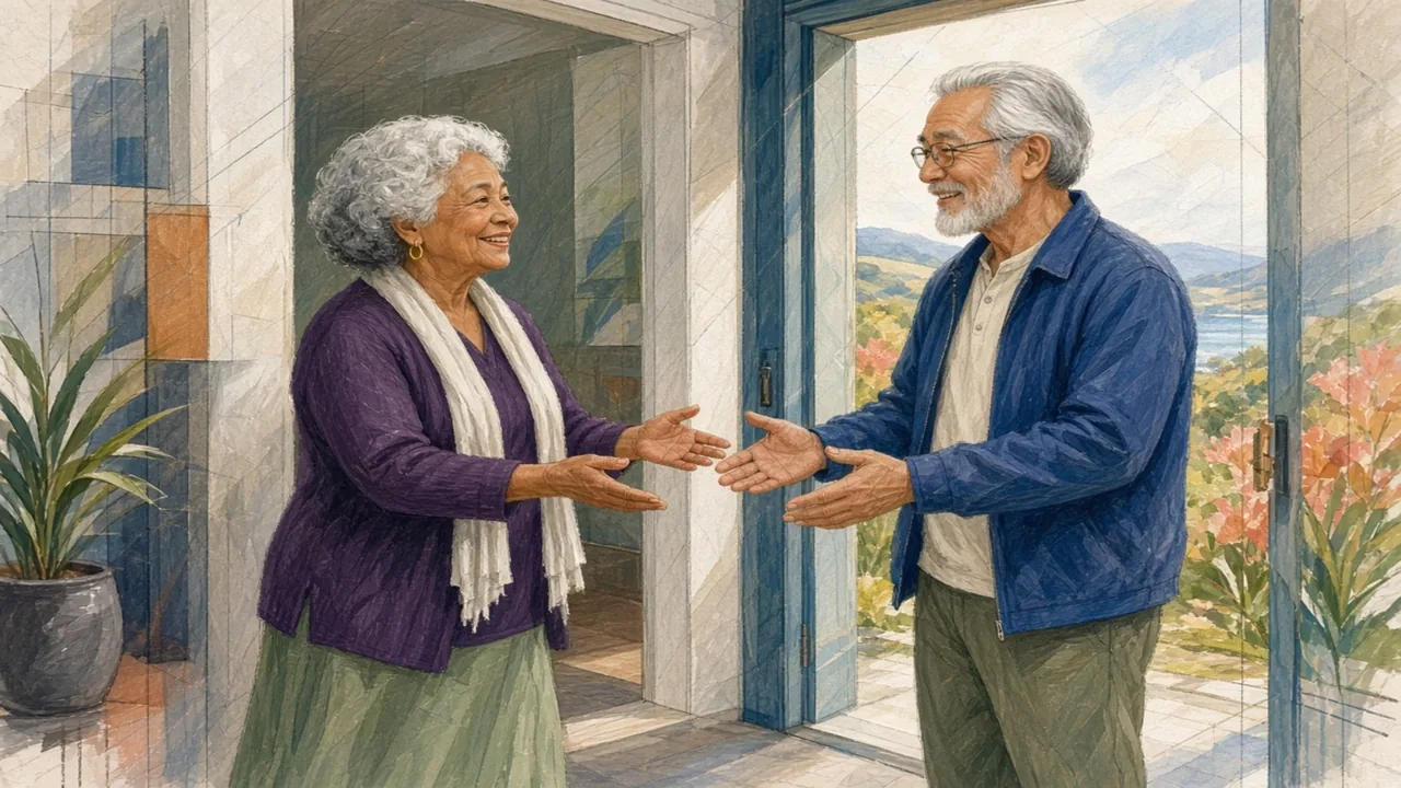 Fictional editorial illustration of adults approaching a generic community building