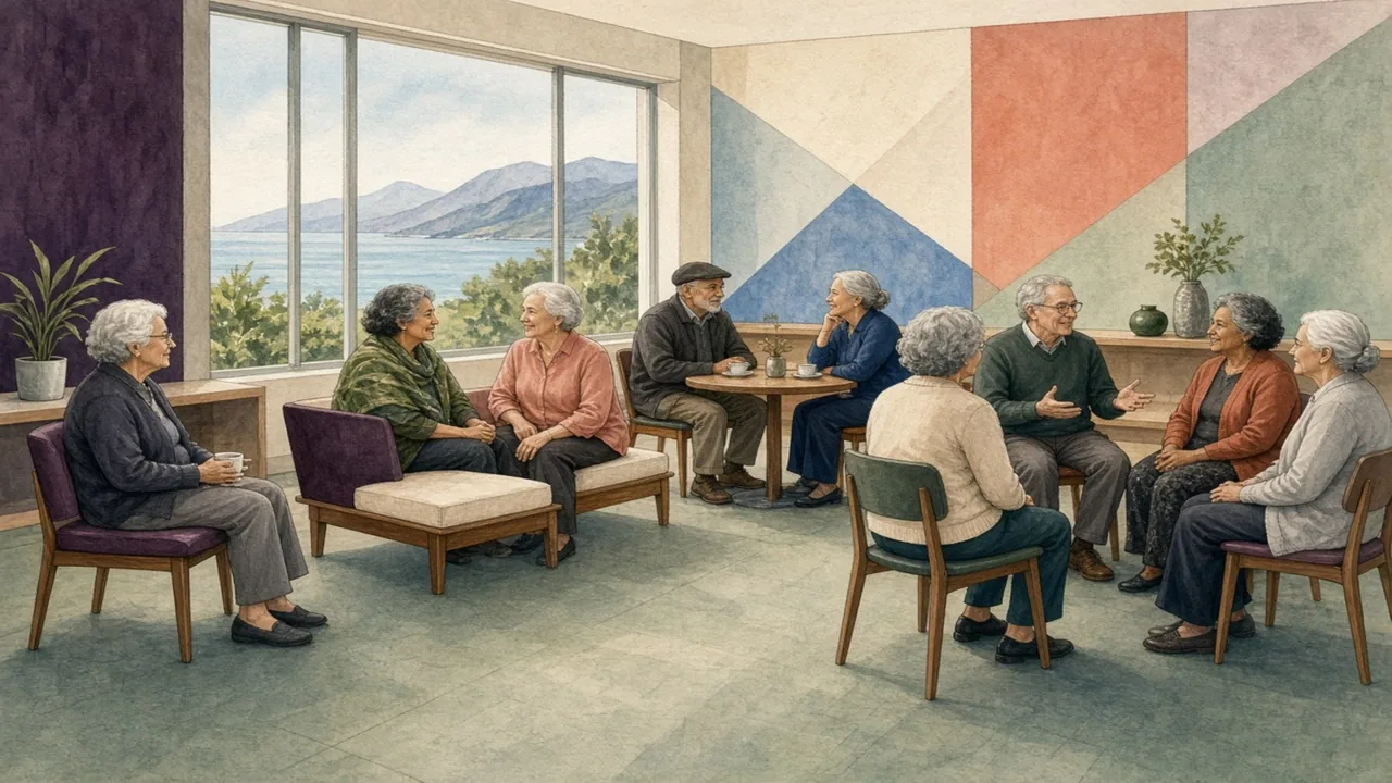 Editorial illustration of adults choosing among several seating positions in a shared room