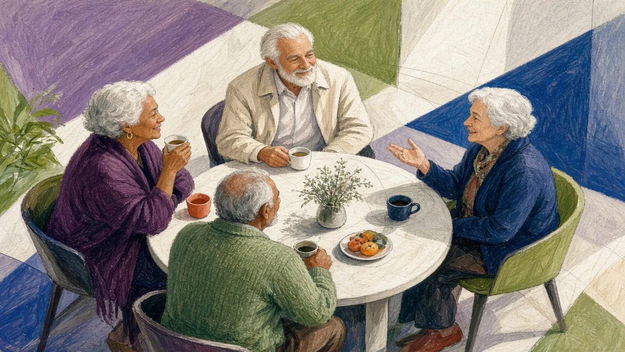 Editorial illustration of adults joining a table through conversation, listening and quiet observation