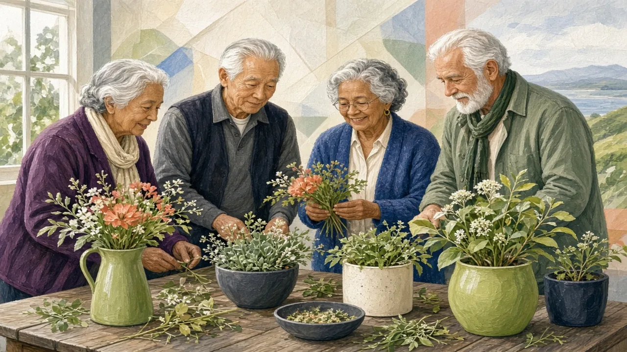 Editorial illustration of older adults sharing creative work around a table
