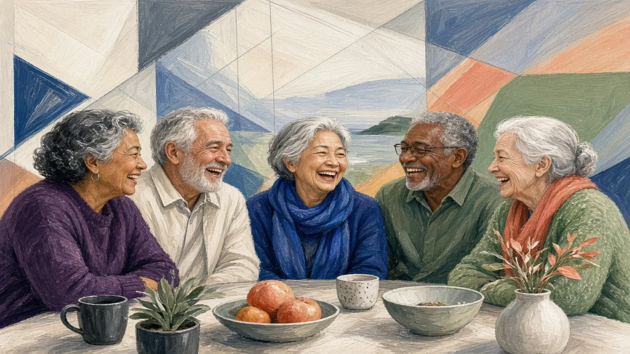 Editorial illustration of adults sharing knowledge and practical skills at a table