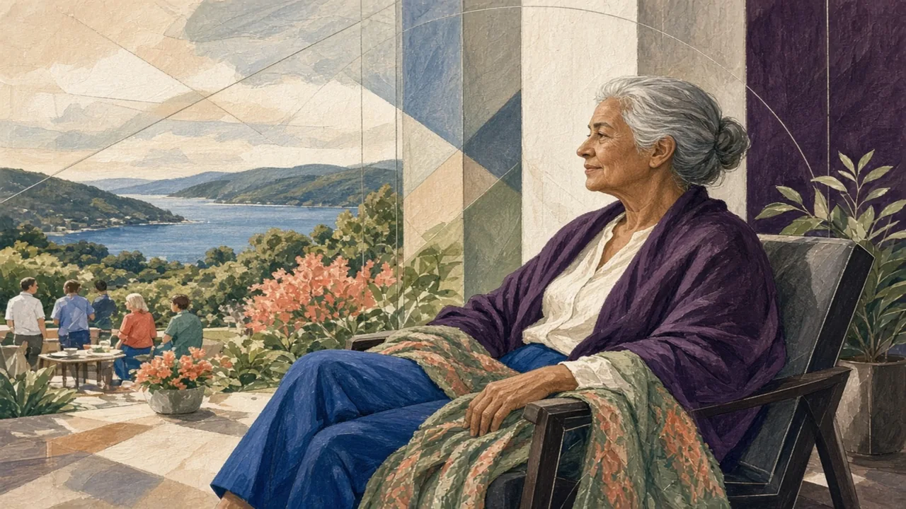 Editorial illustration of an older adult taking a calm pause beside a window