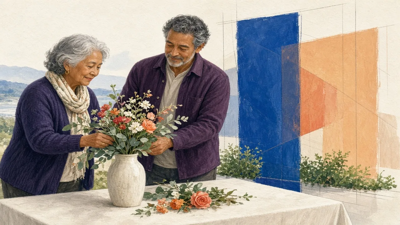 Editorial illustration of adults preparing several welcoming activity areas in a shared room