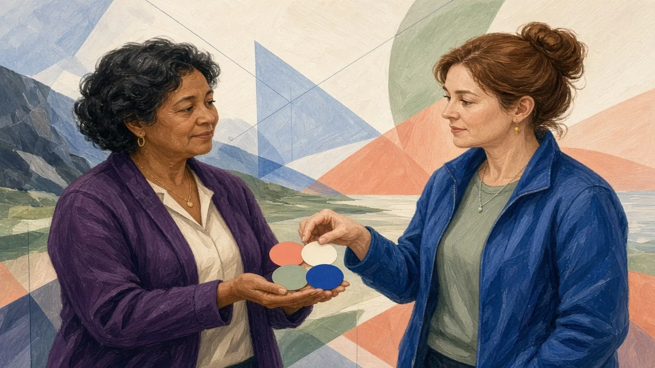 Editorial illustration of adults arranging a welcoming shared table